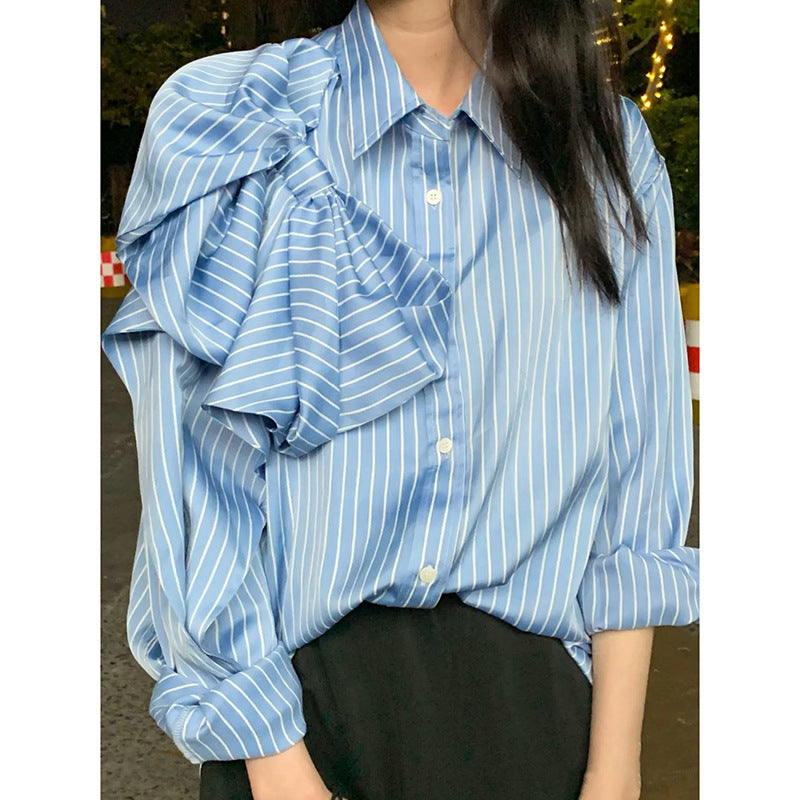 Casual Blue Striped Shirts For Women Lapel Long Sleeve Blouses