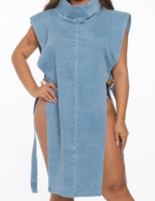 Denim Washed High Collar Dress