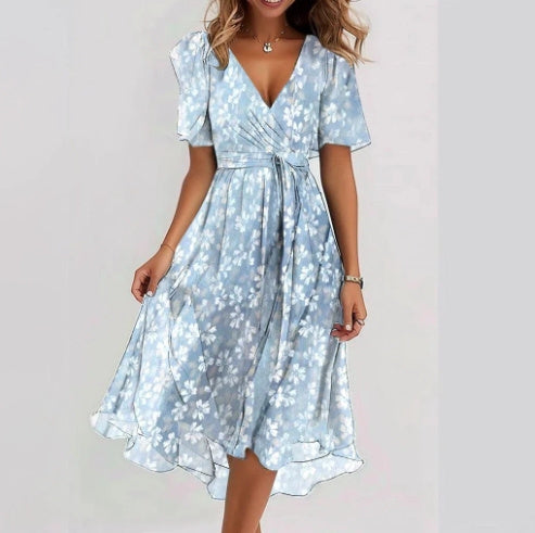 Chiffon Printed Short Sleeve V-neck Dresses