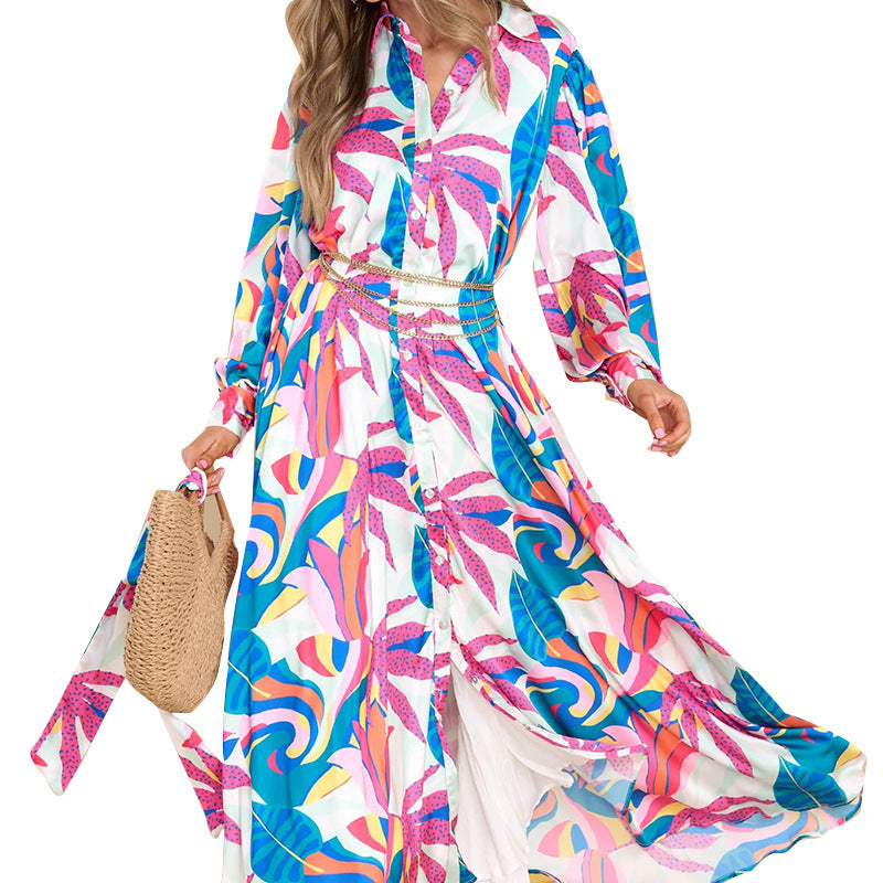 Women’s Printed Long-Sleeve Dress — Polo Collar & Oversized Hem