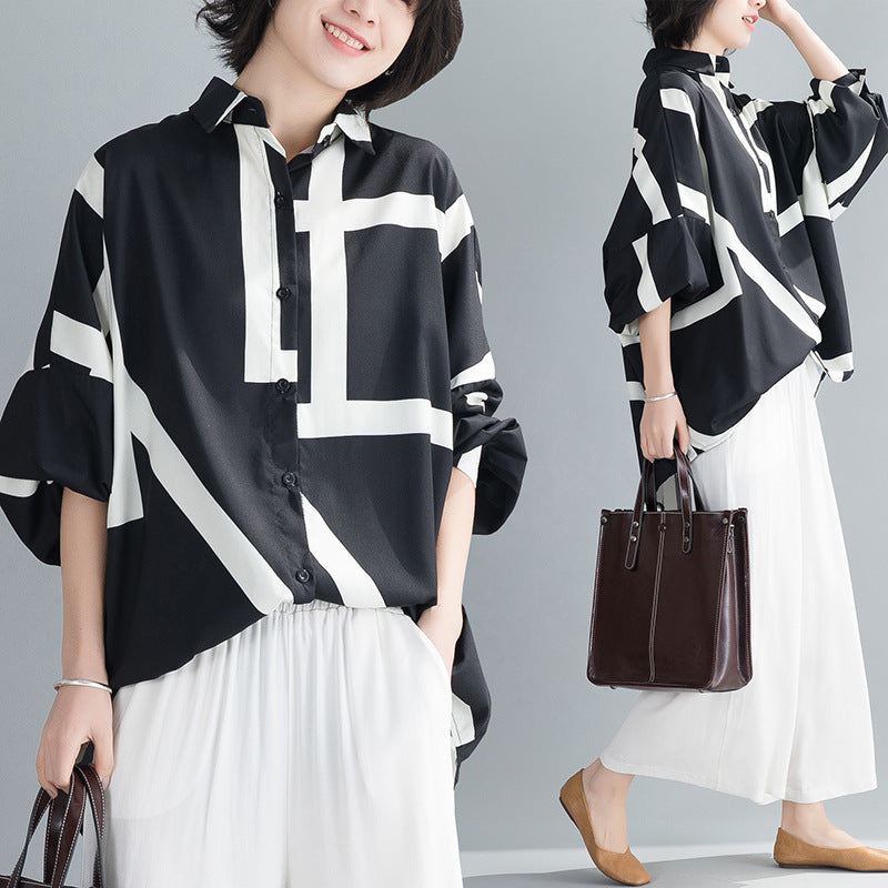 Korean Style Large Size Loose Contrast Printing Mid-length Shirt
