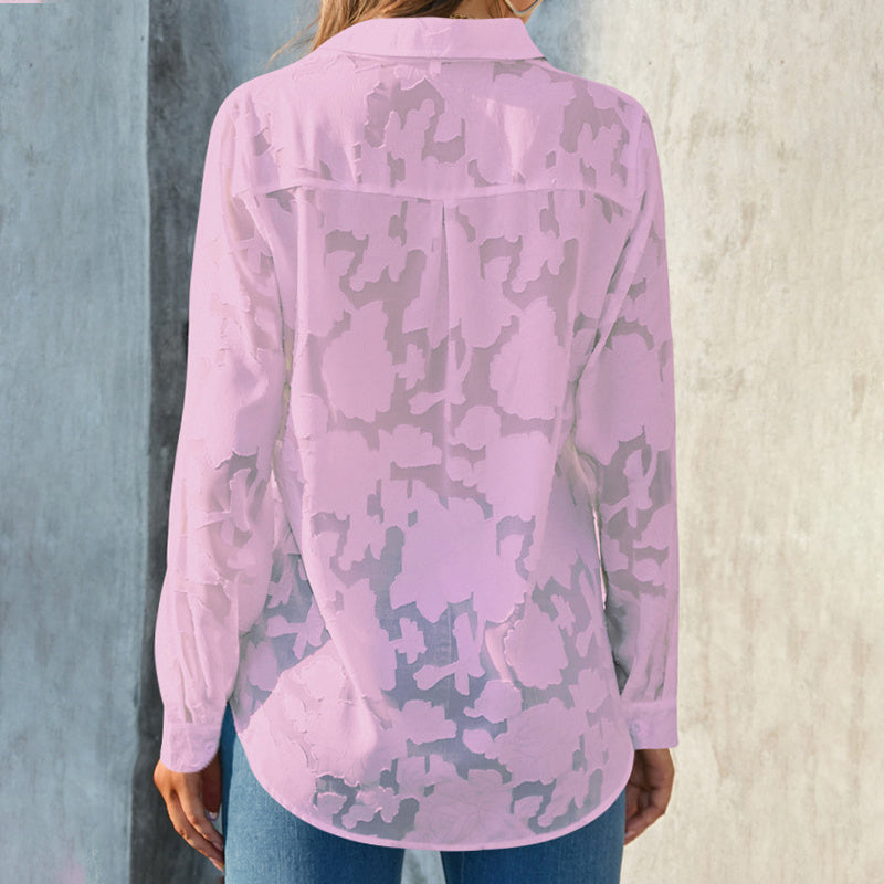 Womens Casual Sheer Button Down Shirts Long Sleeve V Neck Jacquard Blouses Tops