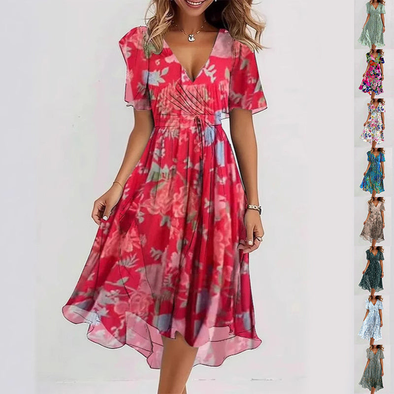 Flowers Printed V-neck Dress Summer A-line Short-sleeved Dresses