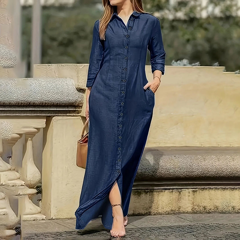 Womens Casual Button Down Denim Maxi Dress Long Sleeve Long Jean Dresses With Pockets