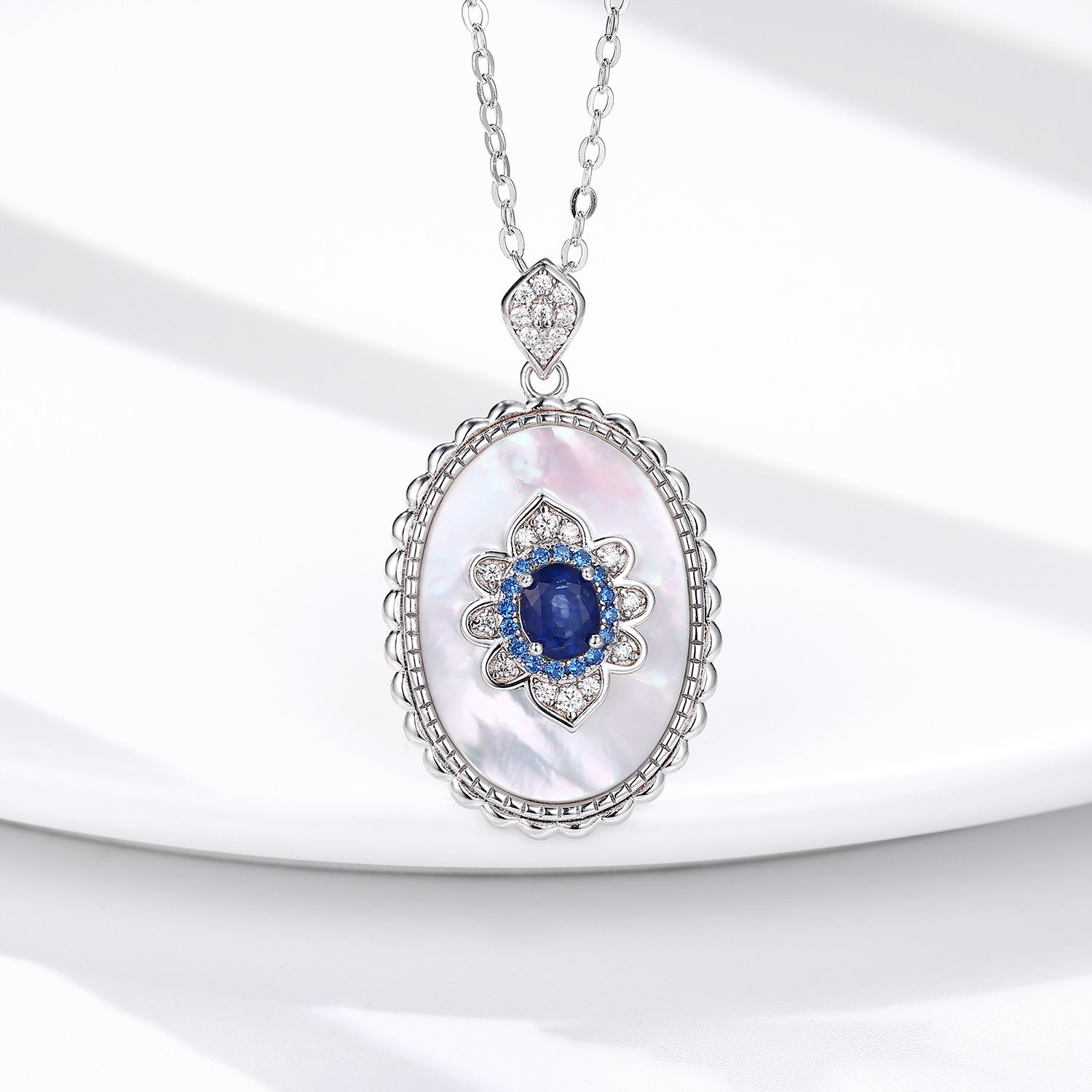 Graceful 925 Silver Pendant Necklace Featuring Sapphire and Diamond Accents for Women