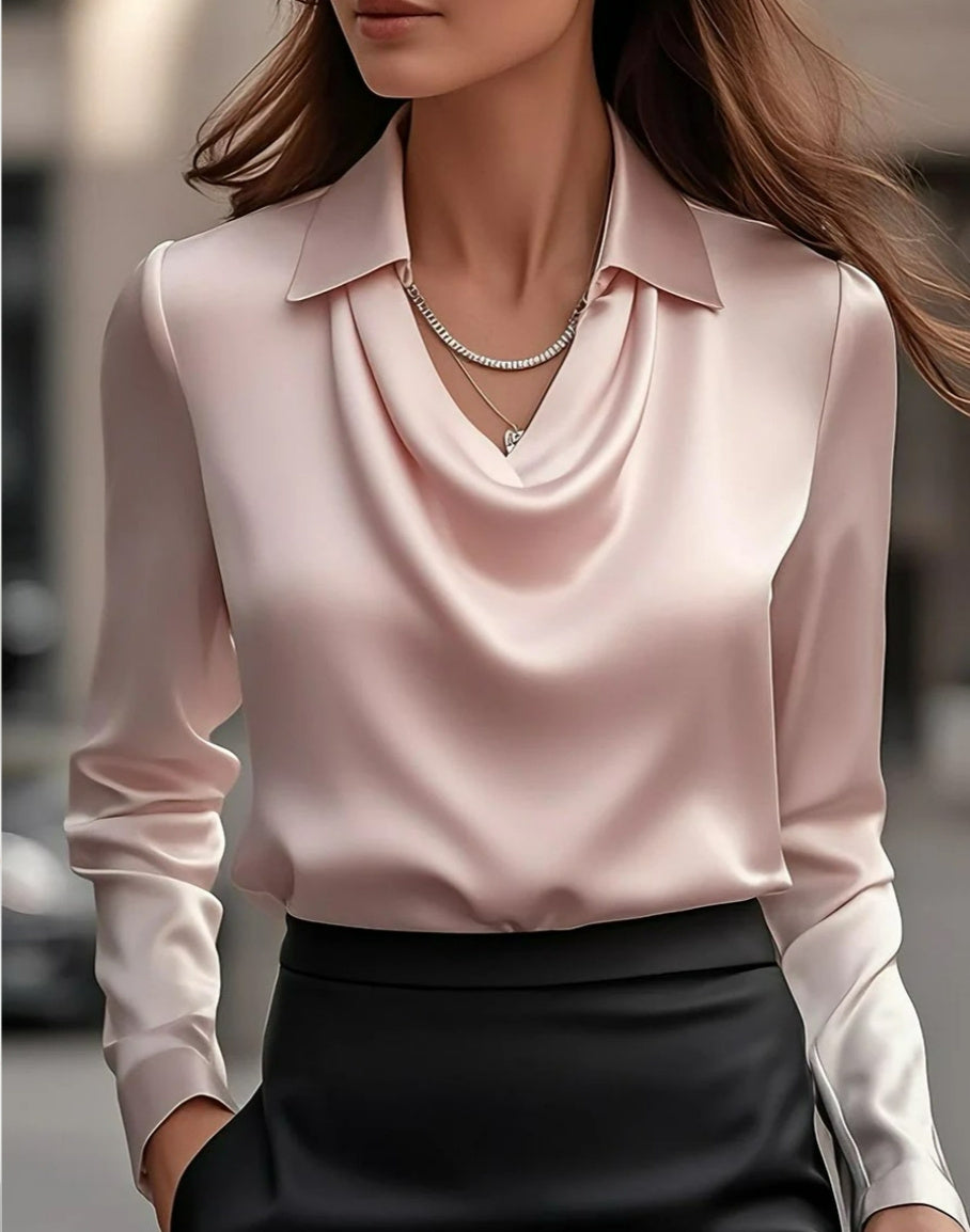 Elegant Solid Satin Office Ladies Top Pullover Spring Long Sleeve Casual Tops