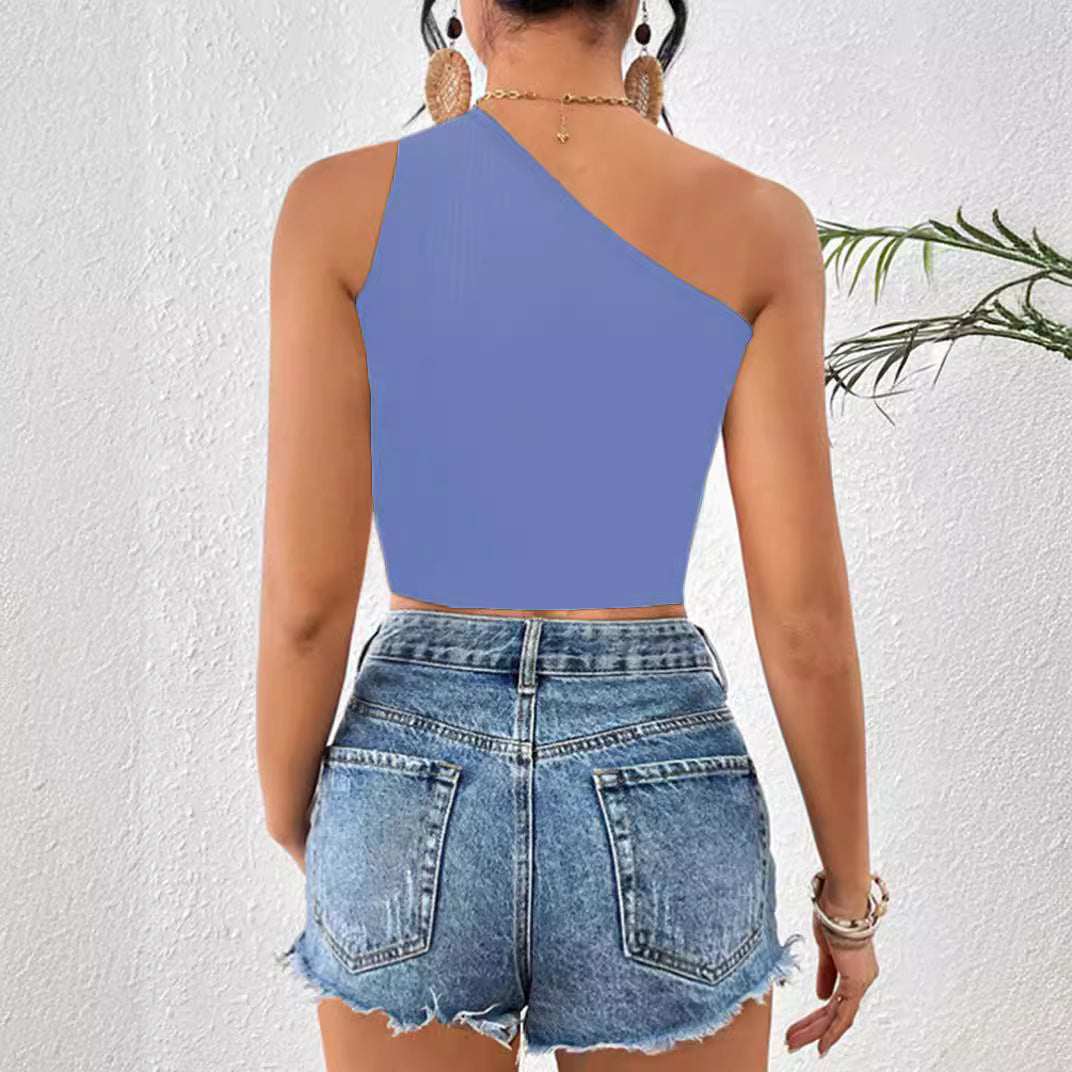 Women's Cropped One-shoulder Diagonal Collar Knitted Vest