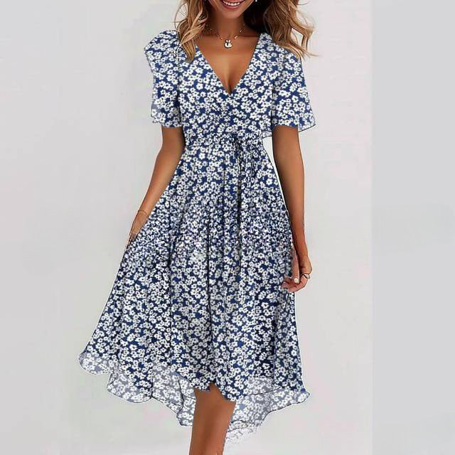 Flowers Printed V-neck Dress Summer A-line Short-sleeved Dresses