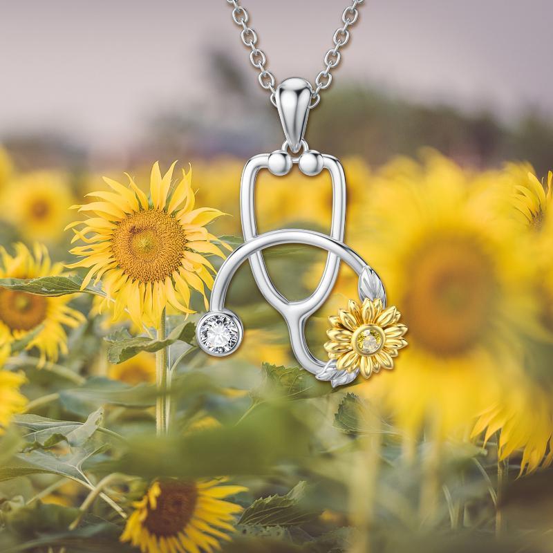 Sterling Silver (925) Medical Necklace with Sunflower Stethoscope Pendant – For Doctors, Nurses & Students