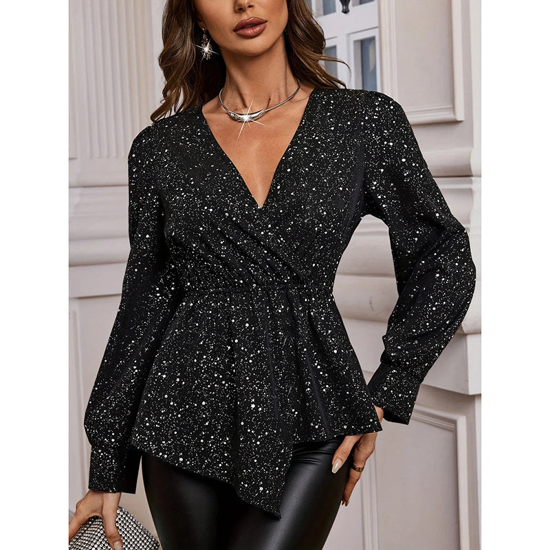 Shiny Long Sleeve Ruched Asymmetrical Hem Sparkle Blouses Cocktail Party Evening Shirts