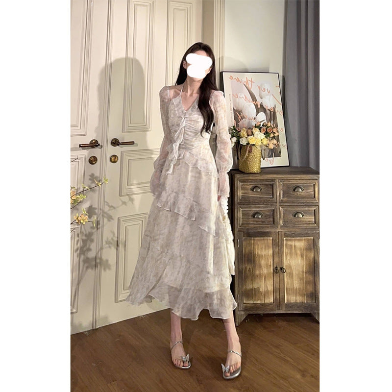 Elegant V-Neck Dress with Floral Ruffles