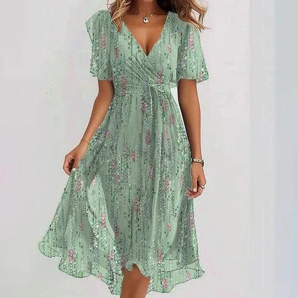 Chiffon Printed Short Sleeve V-neck Dresses