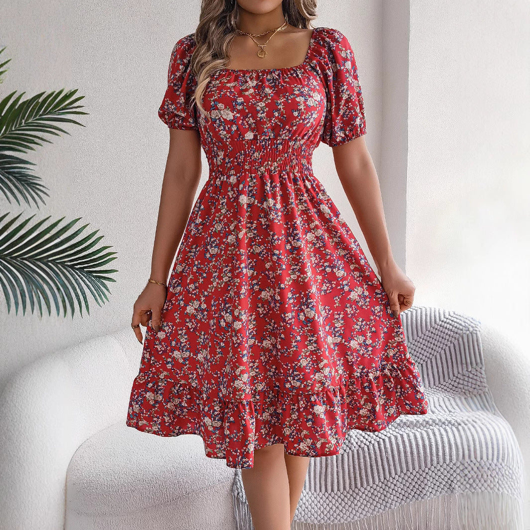 Floral Print Square Collar Dress Summer Fashion Ruffles Dresses