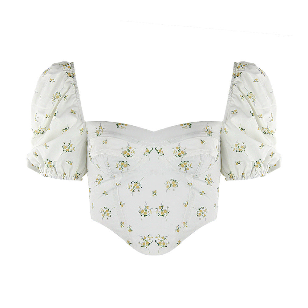 Puff Sleeve Top White Printed Square Collar