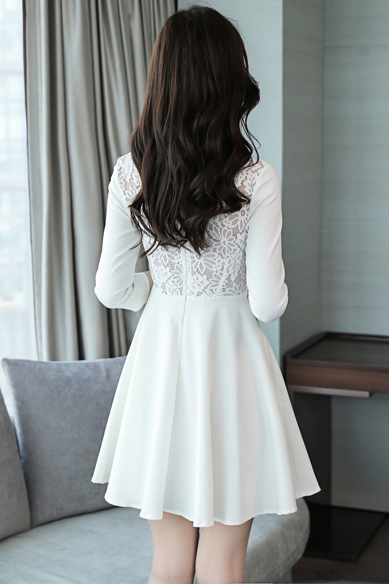 Dresses Pure Color V-collar Mid-waist Zipper Korean A-shaped Skirt Spring Long Sleeve Skirt Lace A