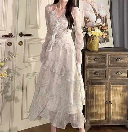 Elegant V-Neck Dress with Floral Ruffles