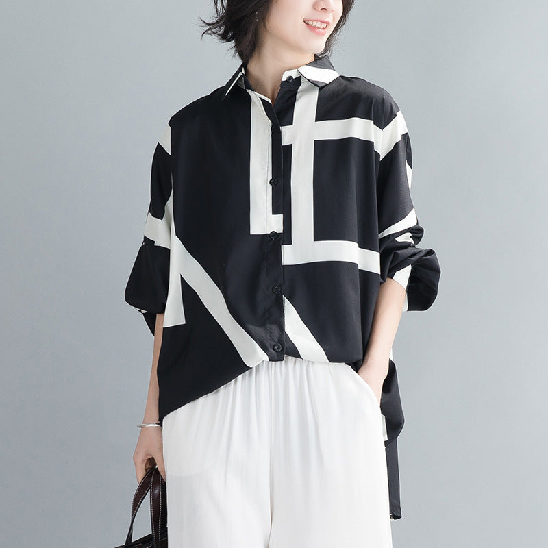 Korean Style Large Size Loose Contrast Printing Mid-length Shirt