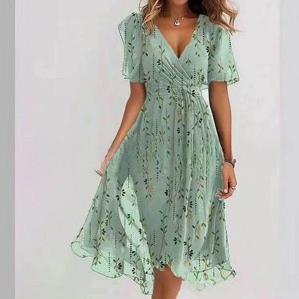 Flowers Printed V-neck Dress Summer A-line Short-sleeved Dresses