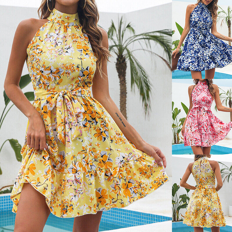 New Flowers Print Halterneck Dress Lace-up Ruffled Dresses For Women