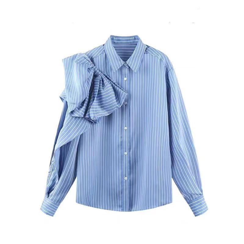 Casual Blue Striped Shirts For Women Lapel Long Sleeve Blouses