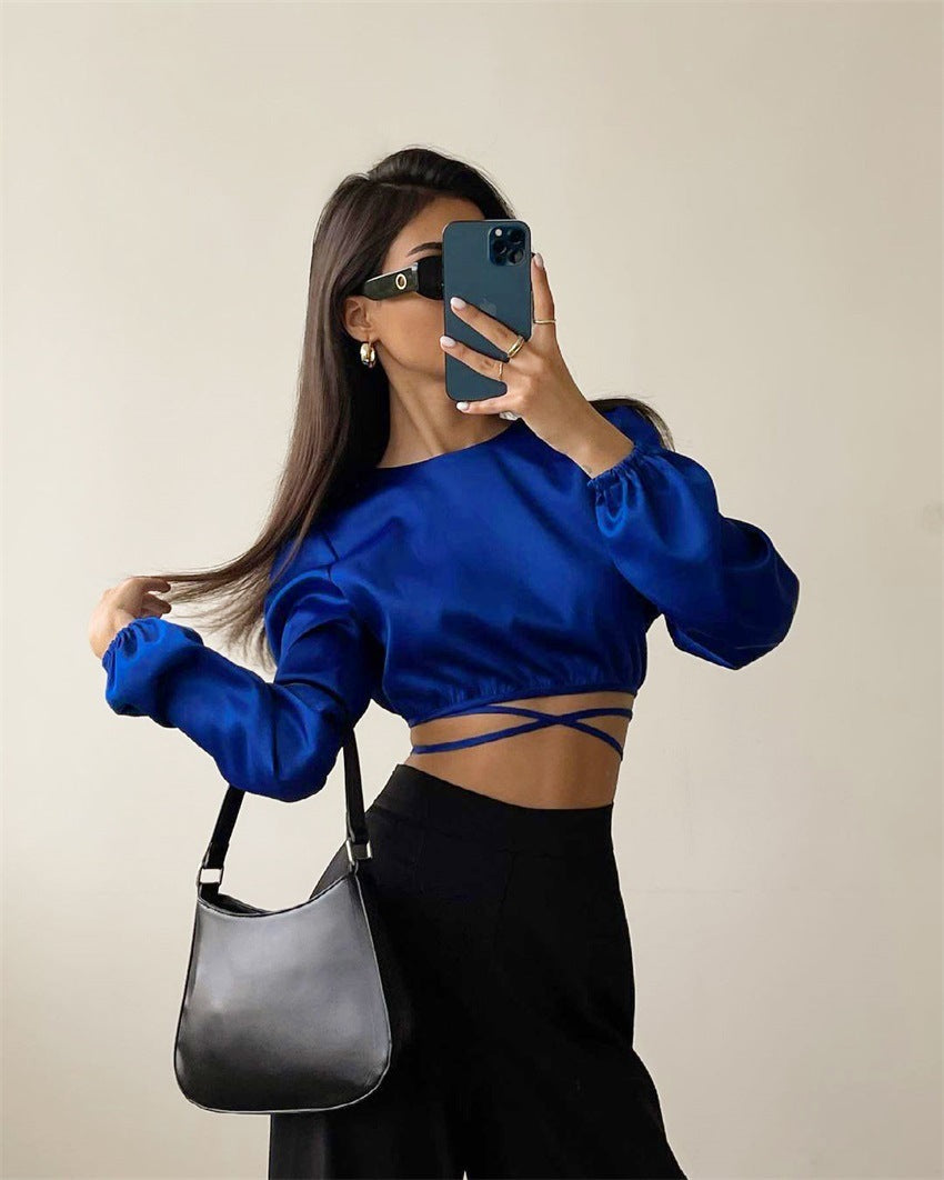 Lace-up Backless  Long-sleeved Tops