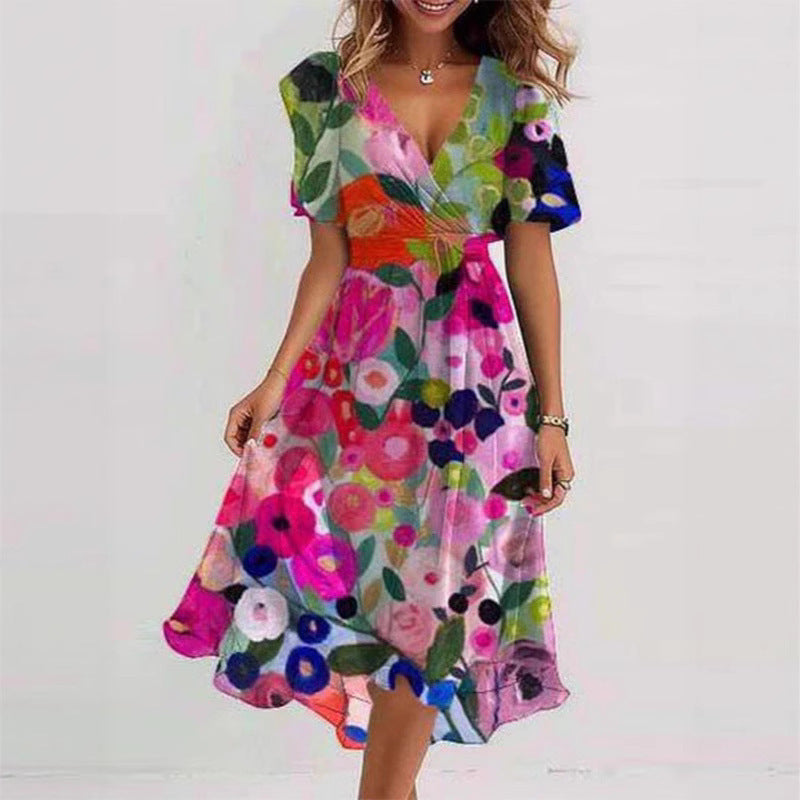 Flowers Printed V-neck Dress Summer A-line Short-sleeved Dresses