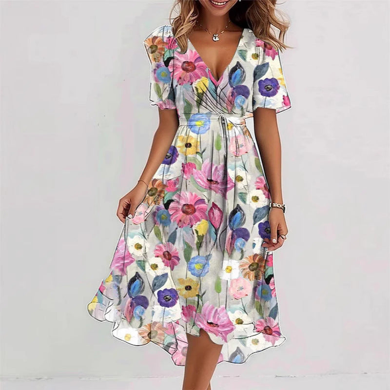 Flowers Printed V-neck Dress Summer A-line Short-sleeved Dresses