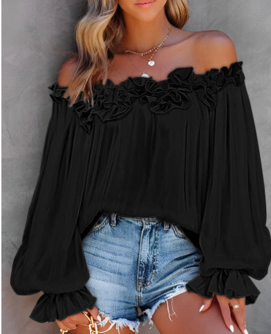 Off-Shoulder Long Sleeve Top Lotus Leaf Sleeve Shirt Loose Women's Clothing
