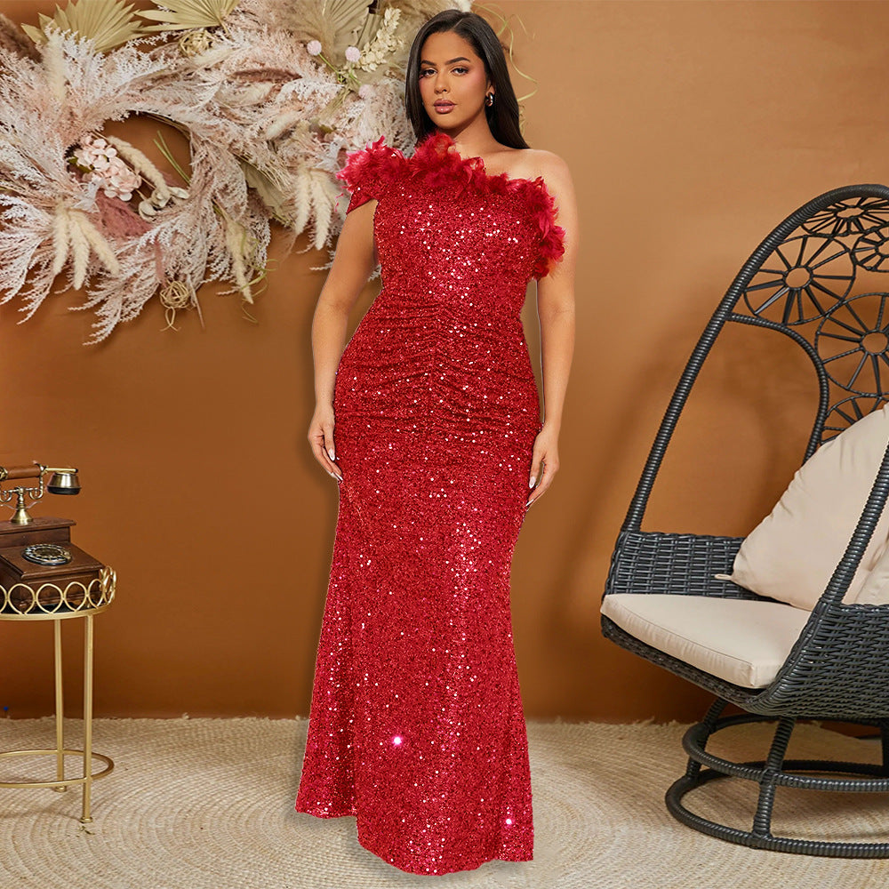 Feather Stitching Sequin Sexy Dress