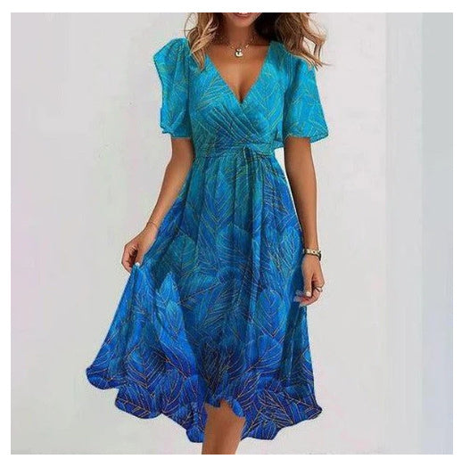 Chiffon Printed Short Sleeve V-neck Dresses