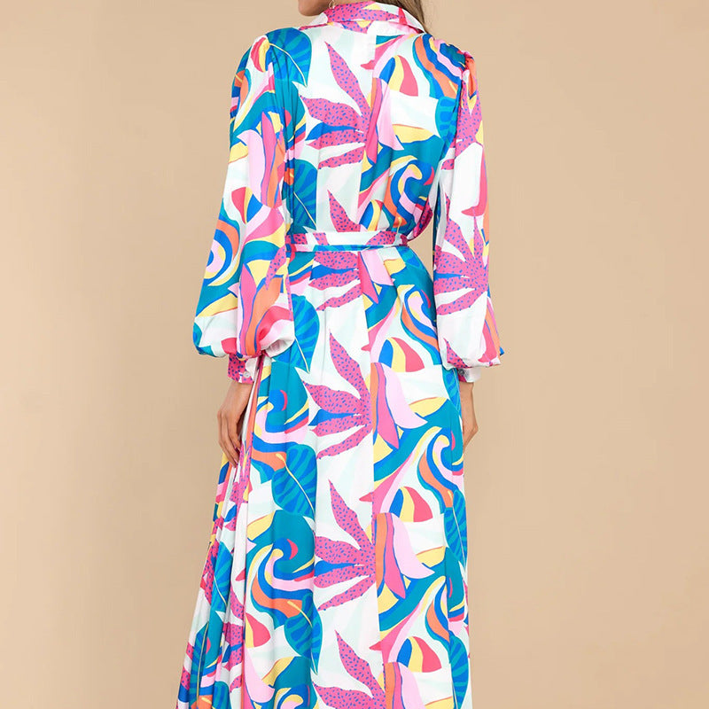 Women’s Printed Long-Sleeve Dress — Polo Collar & Oversized Hem
