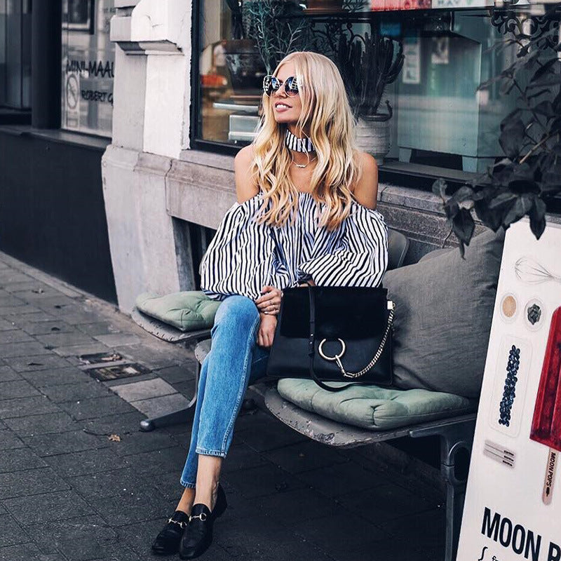 Fashion Simple Women's Striped One-shoulder Shirt