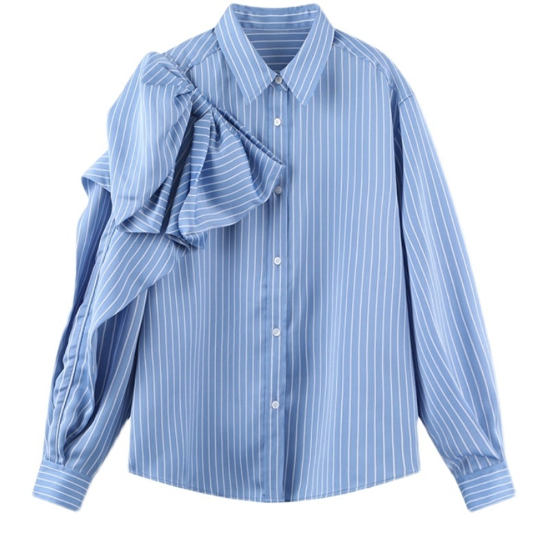 Casual Blue Striped Shirts For Women Lapel Long Sleeve Blouses