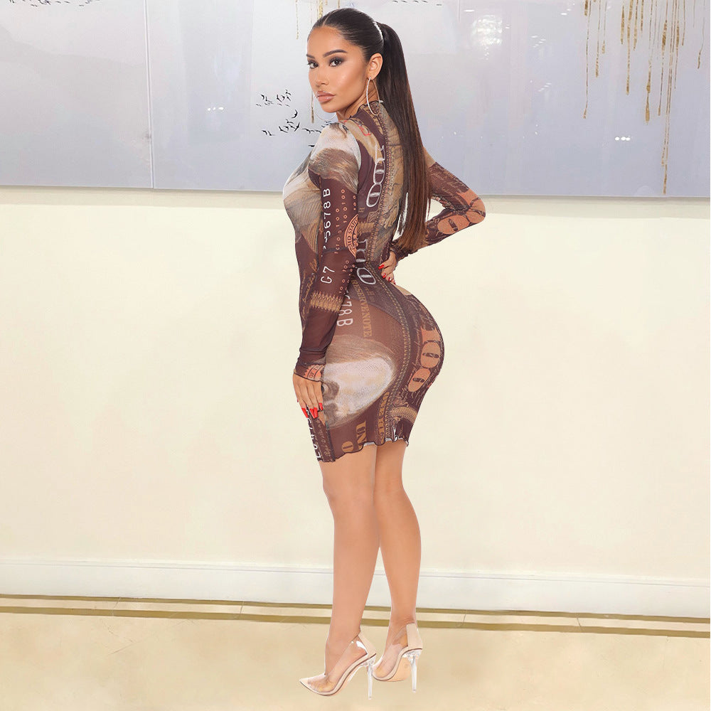 Mesh See-Through Long-Sleeved Dress
