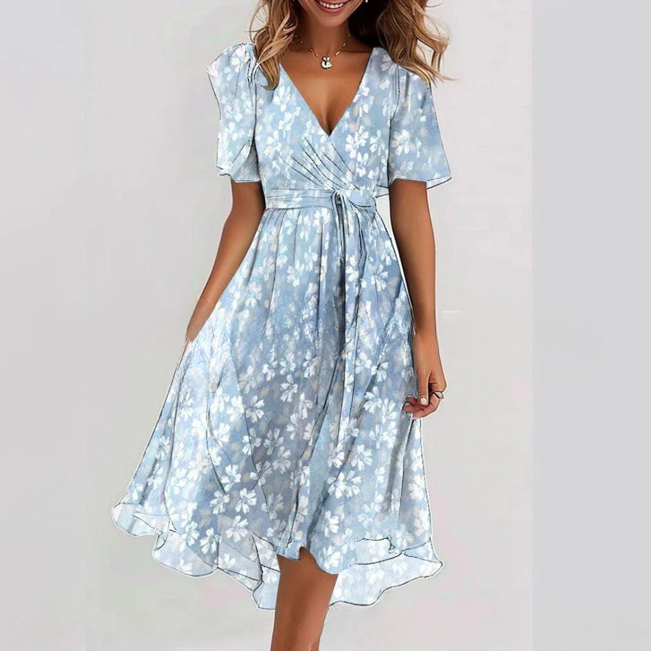Flowers Printed V-neck Dress Summer A-line Short-sleeved Dresses