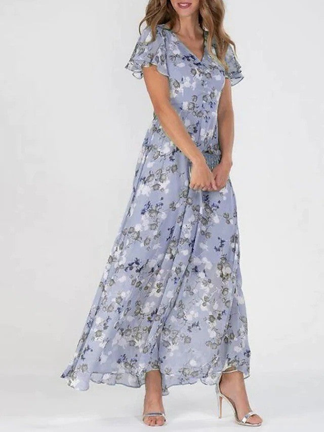 Flowers Print Short Sleeve Dress Summer Fashion Ruffle Dresses