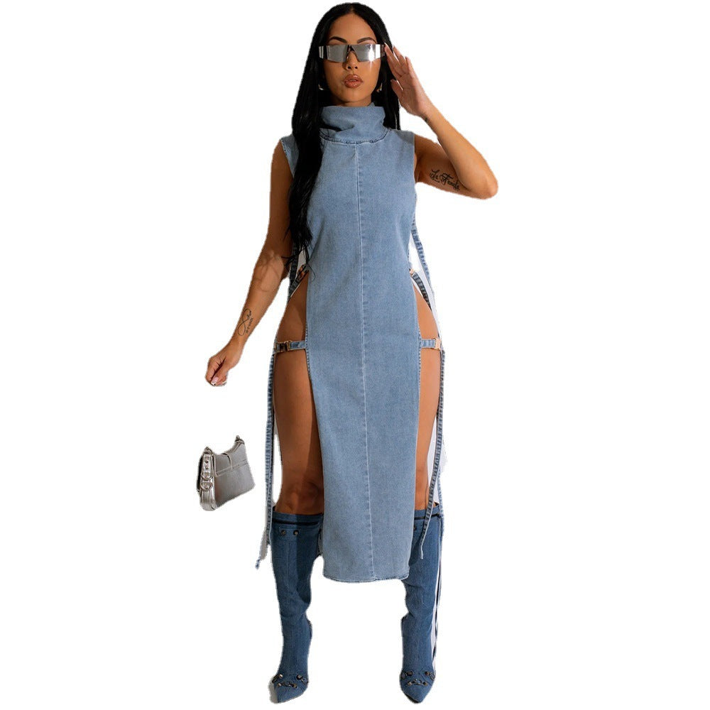 Denim Washed High Collar Dress