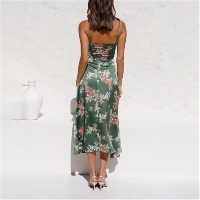 Flower Print Split Dress With Hollow Bowknot Design Ins Fashion Sleeveless Beach Dresses Summer Women's Clothing