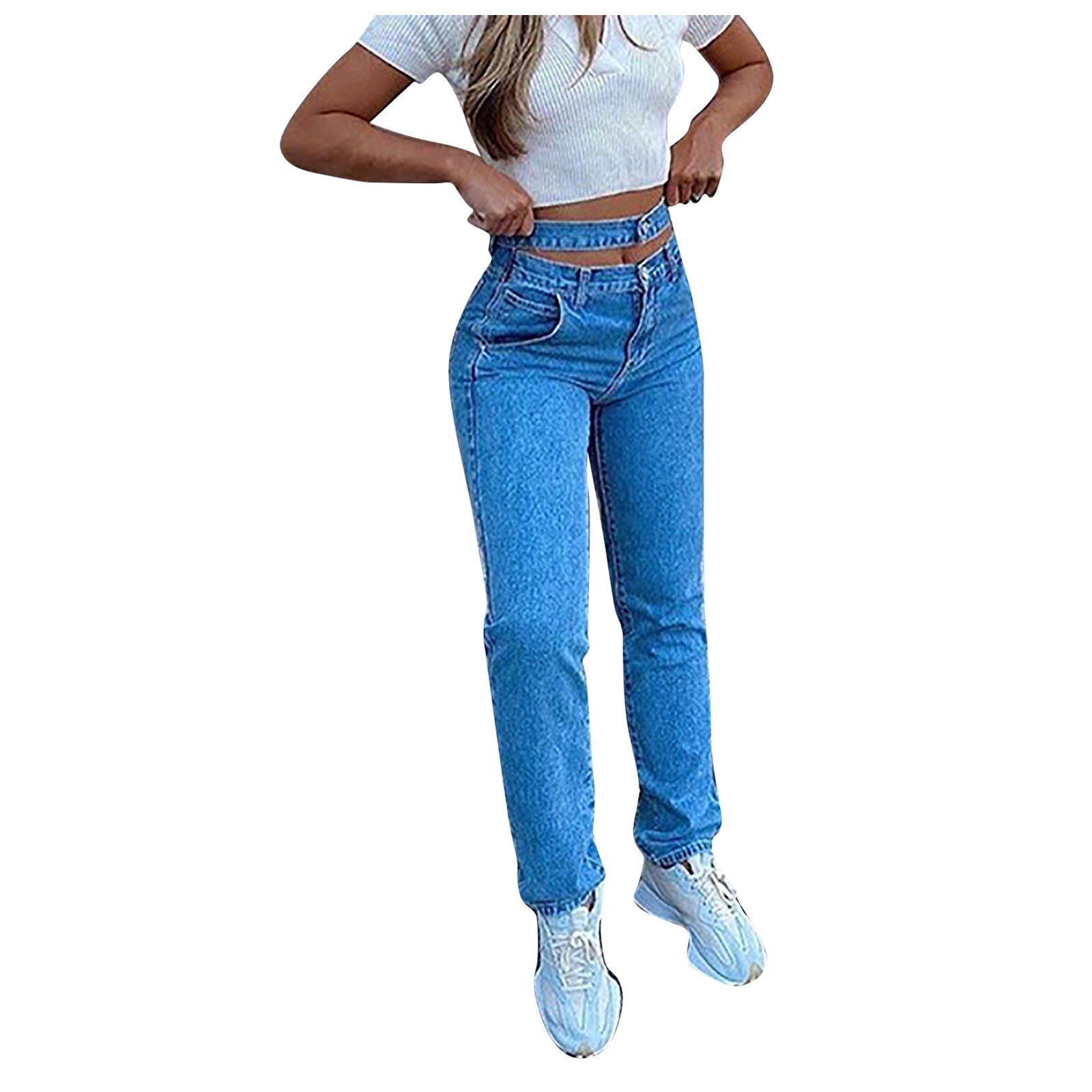 High-waist Washed Blue Long Jeans